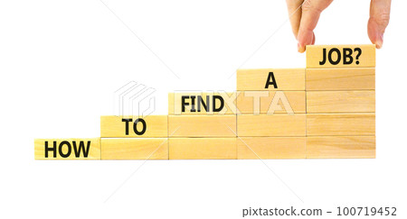 How to find a job symbol. Concept words How to find a job on wooden blocks on a beautiful white table white background. Businessman hand. Business and how to find a job concept. Copy space. 100719452