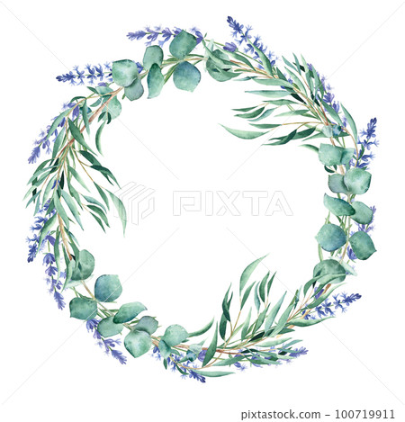 Watercolor eucalyptus and lavender branches wreath, round frame isolated on white background. Hand drawn botanical illustration. For wedding invitations, save the date, greeting card, logos, prints. 100719911
