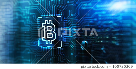 Bitcoin Cryptocurrency concept. Mining factory. 3d Electronic Circuit Board Chip 100720309