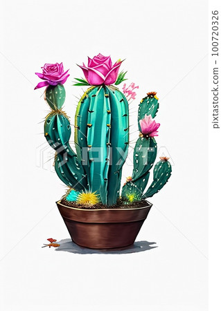 Watercolor with tall flowering cactus with pink flowers in a ceramic garden pot. Illustration for greeting cards, invitations, and other printing projects. on white background isolated. Concept art. Watercolor with tall flowering cactus with pink flowers in a ceramic garden pot. Illustration for greeting cards, invitations, and other printing projects. on white background isolated. Concept art. 100720326