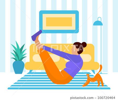 A woman does yoga with a cat in a home interior. Flat illustration in cartoon style, vector 100720464