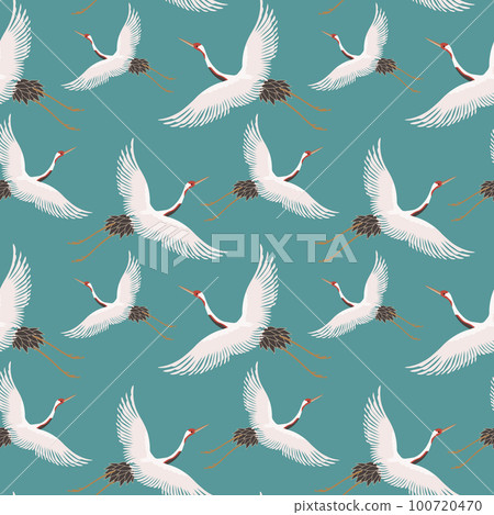 Seamless pattern, white flying cranes against the blue sky. Background, textile, wallpaper, vector Seamless pattern, white flying cranes against the blue sky. Background, textile, wallpaper, vector 100720470