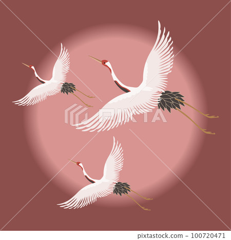 White flying cranes in the sky with the moon. Poster, postcard, vector White flying cranes in the sky with the moon. Poster, postcard, vector 100720471
