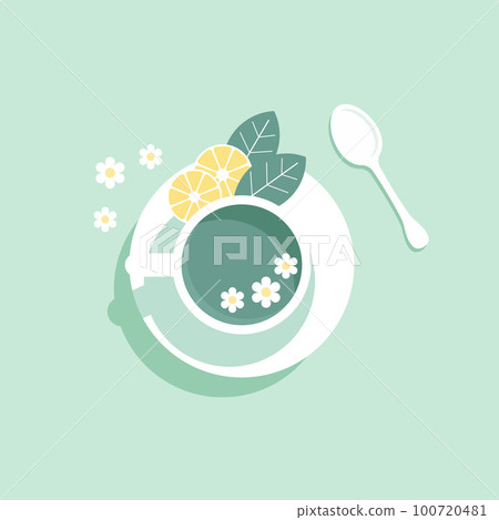 Cup with mint tea with lemon slices, top view. Illustration, vector Cup with mint tea with lemon slices, top view. Illustration, vector 100720481