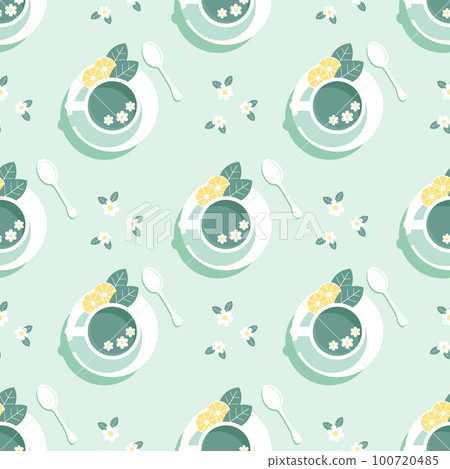 Seamless pattern, cups with mint tea with lemon slices, top view. Illustration, background, vector Seamless pattern, cups with mint tea with lemon slices, top view. Illustration, background, vector 100720485