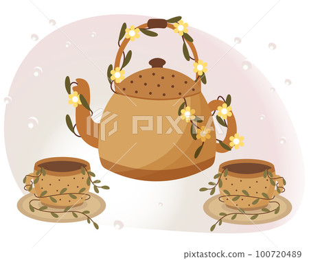 Cute teapot and cups decorated with small flowers. Drink illustration, vector Cute teapot and cups decorated with small flowers. Drink illustration, vector 100720489