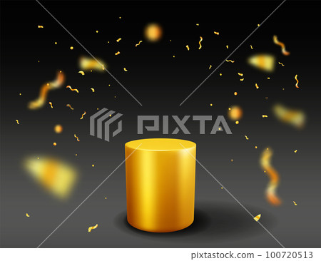 3D Gold Podium with Confetti on Black Background. 3D Gold Podium with Confetti on Black Background. 100720513