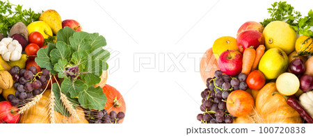 Vegetables and fruits isolated on white . Free space for text. Collage. Wide photo. Vegetables and fruits isolated on white . Free space for text. Collage. Wide photo. 100720838
