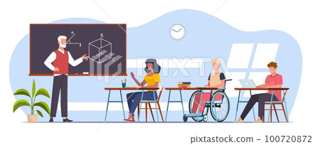 Teacher and diverse children learn in classroom, child with disability learns while sitting in wheelchair. Cartoon flat style isolated characters. Normal student life, vector concept 100720872