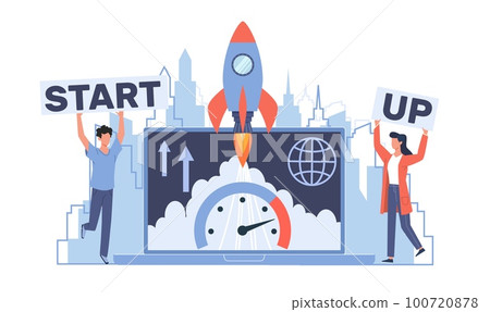 Starting new business project, startup innovation business. Huge laptop with rocket landing on device screen. Tiny man and woman. Cartoon flat illustration. Vector teamwork concept 100720878