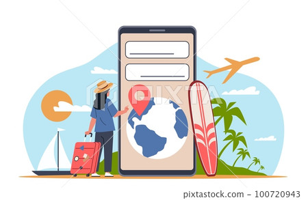 People use smartphone functions. Cartoon girl traveler looking for apartments anywhere in world, mobile travel app, huge phone online booking, cartoon illustration, nowaday vector concept People use smartphone functions. Cartoon girl traveler looking for apartments anywhere in world, mobile travel app, huge phone online booking, cartoon illustration, nowaday vector concept 100720943