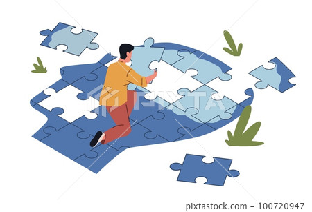 Open mind psychotherapy. Person collects his lost identity from puzzle jigsaw pieces, mental health steps, healing process, cartoon flat illustration, nowaday vector psychology concept Open mind psychotherapy. Person collects his lost identity from puzzle jigsaw pieces, mental health steps, healing process, cartoon flat illustration, nowaday vector psychology concept 100720947