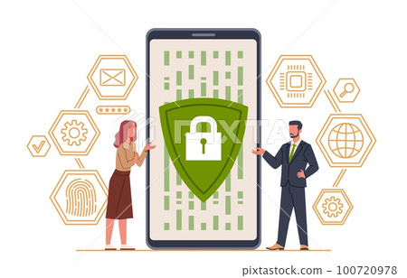 Mobile data protection. Security app on smartphone screen, privacy confidential information, individual verification, huge phone and tiny people, nowaday vector cartoon flat concept Mobile data protection. Security app on smartphone screen, privacy confidential information, individual verification, huge phone and tiny people, nowaday vector cartoon flat concept 100720978