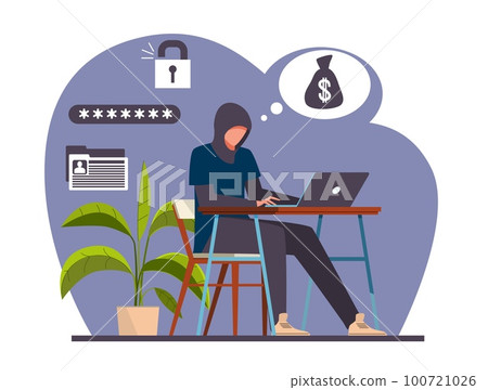 Hacker works on laptop to steal personal data and money. Online crime, anonymous criminal security internet network, cyber attack, hacking email. Cartoon flat illustration. Vector concept 100721026