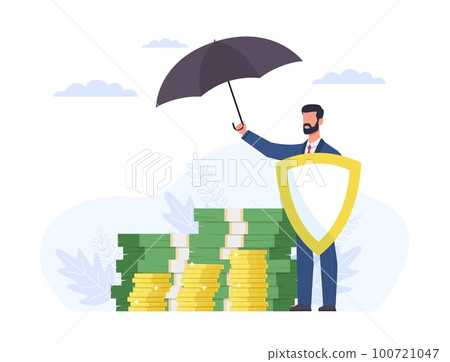 Financial insurance, savings protection and bank deposit. Stack of dollars and coins, man with umbrella and shield. Investment income. Cartoon flat isolated illustration. Vector money concept Financial insurance, savings protection and bank deposit. Stack of dollars and coins, man with umbrella and shield. Investment income. Cartoon flat isolated illustration. Vector money concept 100721047