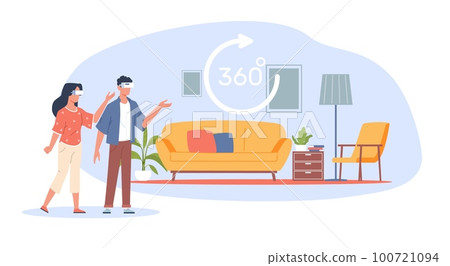Concept of virtual real estate tour, married couple looking at an apartment to buy or rent. VR online service. Application for quick search for housing online vector cartoon flat illustration Concept of virtual real estate tour, married couple looking at an apartment to buy or rent. VR online service. Application for quick search for housing online vector cartoon flat illustration 100721094