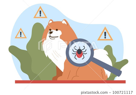 Beginning of tick attack season on dogs. Bloodsucker bugs. Protection against ectoparasites. Lyme disease, healthcare. Dangerous area. Cartoon flat illustration. Vector insect concept 100721117