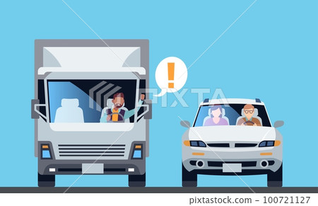 Aggressive truck driver yells at passing car for no reason. Dangerous situation on road. Drivers arguing. Furious yelling man. Cartoon flat automobile vector concept on white background Aggressive truck driver yells at passing car for no reason. Dangerous situation on road. Drivers arguing. Furious yelling man. Cartoon flat automobile vector concept on white background 100721127