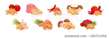 Flavored Crouton as Pieces of Seasoned Rebaked Bread Vector Set 100721958