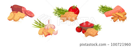 Flavored Crouton as Pieces of Seasoned Rebaked Bread Vector Set Flavored Crouton as Pieces of Seasoned Rebaked Bread Vector Set 100721960