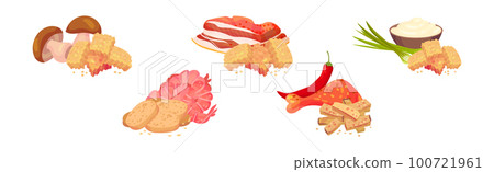 Flavored Crouton as Pieces of Seasoned Rebaked Bread Vector Set Flavored Crouton as Pieces of Seasoned Rebaked Bread Vector Set 100721961