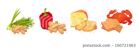 Flavored Crouton as Pieces of Seasoned Rebaked Bread Vector Set Flavored Crouton as Pieces of Seasoned Rebaked Bread Vector Set 100721963