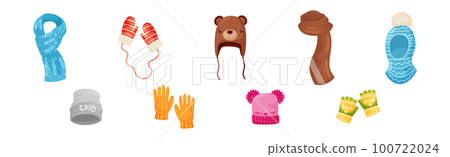 Warm Knitted Winter Clothes Accessory with Scarf, Hat and Gloves Vector Set 100722024