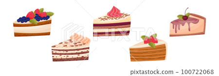 Cake Pieces with Creamy Layer as Yummy Dessert Vector Set Cake Pieces with Creamy Layer as Yummy Dessert Vector Set 100722068