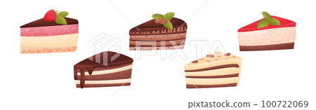 Cake Pieces with Creamy Layer as Yummy Dessert Vector Set Cake Pieces with Creamy Layer as Yummy Dessert Vector Set 100722069