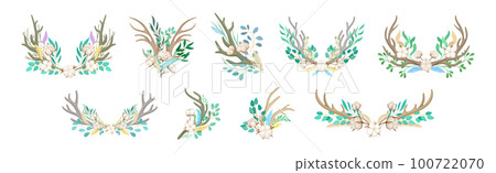 Deer Antlers Arranged with Tender Cotton Flowers and Green Twigs Vector Set Deer Antlers Arranged with Tender Cotton Flowers and Green Twigs Vector Set 100722070