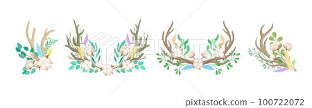 Deer Antlers Arranged with Tender Cotton Flowers and Green Twigs Vector Set Deer Antlers Arranged with Tender Cotton Flowers and Green Twigs Vector Set 100722072