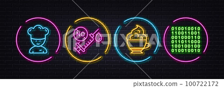 Cappuccino cream, Cooking chef and Coronavirus vaccine minimal line icons. Neon laser 3d lights. Binary code icons. For web, application, printing. Vector Cappuccino cream, Cooking chef and Coronavirus vaccine minimal line icons. Neon laser 3d lights. Binary code icons. For web, application, printing. Vector 100722172