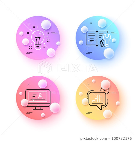 Engineering documentation, Online video and Statistics timer minimal line icons. 3d spheres or balls buttons. Idea icons. For web, application, printing. Manual, Video exam, Growth chart. Vector Engineering documentation, Online video and Statistics timer minimal line icons. 3d spheres or balls buttons. Idea icons. For web, application, printing. Manual, Video exam, Growth chart. Vector 100722176