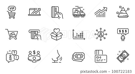 Outline set of Loyalty points, Sales diagram and Vip shopping line icons for web application. Talk, information, delivery truck outline icon. Include Card, Pyramid chart, Networking icons. Vector Outline set of Loyalty points, Sales diagram and Vip shopping line icons for web application. Talk, information, delivery truck outline icon. Include Card, Pyramid chart, Networking icons. Vector 100722183