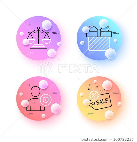 Surprise, Security and Justice scales minimal line icons. 3d spheres or balls buttons. Sale icons. For web, application, printing. Present with bow, Person protection, Judgement. Shopping tag. Vector 100722235