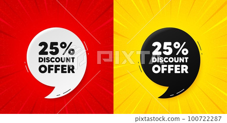 25 percent discount. Flash offer banner with quote. Sale offer price sign. Special offer symbol. Starburst beam banner. Discount speech bubble. Vector 25 percent discount. Flash offer banner with quote. Sale offer price sign. Special offer symbol. Starburst beam banner. Discount speech bubble. Vector 100722287