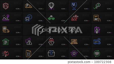 Set of Fragile package, Food delivery and Air balloon line icons. Include Delivery, Parcel invoice, Gps icons. Warning, Web inventory, Ship web elements. Package box, Return parcel, Elevator. Vector Set of Fragile package, Food delivery and Air balloon line icons. Include Delivery, Parcel invoice, Gps icons. Warning, Web inventory, Ship web elements. Package box, Return parcel, Elevator. Vector 100722308