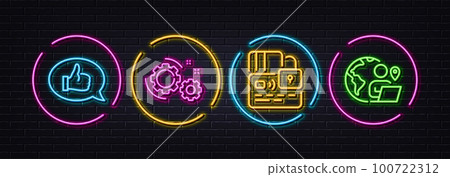 Card, Feedback and Gears minimal line icons. Neon laser 3d lights. Outsource work icons. For web, application, printing. Bank payment, Speech bubble, Work process. Remote worker. Vector Card, Feedback and Gears minimal line icons. Neon laser 3d lights. Outsource work icons. For web, application, printing. Bank payment, Speech bubble, Work process. Remote worker. Vector 100722312