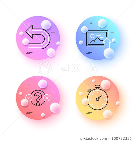 Quiz test, Timer and Upload photo minimal line icons. 3d spheres or balls buttons. Undo icons. For web, application, printing. Select answer, Stopwatch gadget, Image placeholder. Left turn. Vector Quiz test, Timer and Upload photo minimal line icons. 3d spheres or balls buttons. Undo icons. For web, application, printing. Select answer, Stopwatch gadget, Image placeholder. Left turn. Vector 100722335