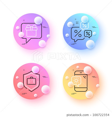 Discounts chat, Weather phone and Wish list minimal line icons. 3d spheres or balls buttons. Luggage protect icons. For web, application, printing. Sale bubbles, Travel device, Present box. Vector Discounts chat, Weather phone and Wish list minimal line icons. 3d spheres or balls buttons. Luggage protect icons. For web, application, printing. Sale bubbles, Travel device, Present box. Vector 100722354