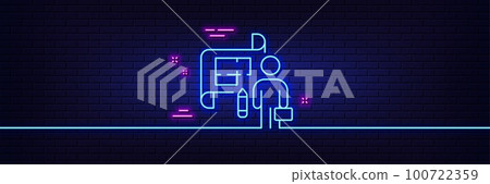 Neon light glow effect. Plan line icon. Architect project sign. Architecture design symbol. 3d line neon glow icon. Brick wall banner. Plan outline. Vector Neon light glow effect. Plan line icon. Architect project sign. Architecture design symbol. 3d line neon glow icon. Brick wall banner. Plan outline. Vector 100722359