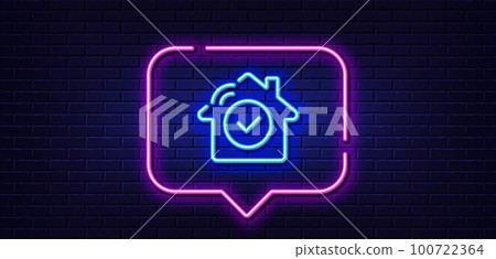 Neon light speech bubble. House security line icon. Smart home sign. Private protection symbol. Neon light background. House security glow line. Brick wall banner. Vector Neon light speech bubble. House security line icon. Smart home sign. Private protection symbol. Neon light background. House security glow line. Brick wall banner. Vector 100722364