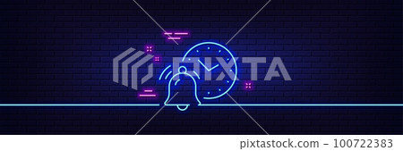 Neon light glow effect. Alarm clock bell line icon. Time reminder sign. Notification clock symbol. 3d line neon glow icon. Brick wall banner. Alarm clock outline. Vector 100722383