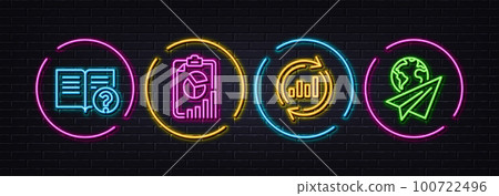 Help, Report and Update data minimal line icons. Neon laser 3d lights. Paper plane icons. For web, application, printing. Documentation, Presentation chart, Sales chart. Airplane travel. Vector Help, Report and Update data minimal line icons. Neon laser 3d lights. Paper plane icons. For web, application, printing. Documentation, Presentation chart, Sales chart. Airplane travel. Vector 100722496