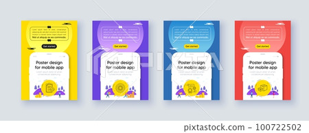 Simple set of Construction document, Fan engine and Medical prescription line icons. Poster offer design with phone interface mockup. Include Packing boxes icons. For web, application. Vector Simple set of Construction document, Fan engine and Medical prescription line icons. Poster offer design with phone interface mockup. Include Packing boxes icons. For web, application. Vector 100722502