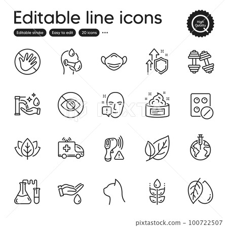 Set of Healthcare outline icons. Contains icons as Skin cream, Not looking and Dumbbells elements. Pandemic vaccine, Wash hands, Leaf web signs. Medical mask, Ambulance car. Vector 100722507