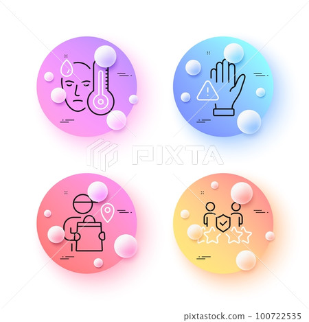 Dont touch, Delivery man and Fever minimal line icons. 3d spheres or balls buttons. Security agency icons. For web, application, printing. Clean hand, Courier location, High temperature. Vector 100722535