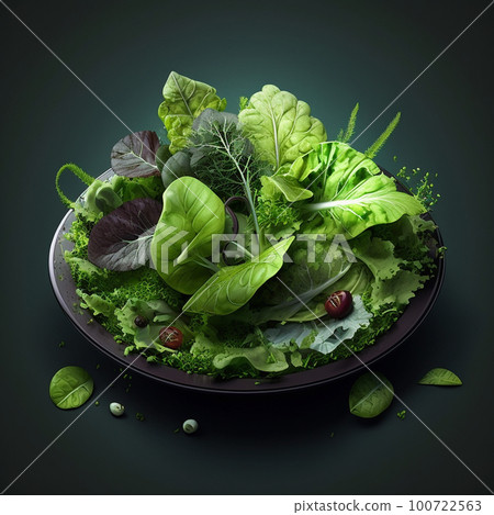 Green vegan breakfast meal in bowl with spinach, arugula, avocado, seeds and sprouts on dark background. Clean eating, dieting, vegan food concept. 100722563