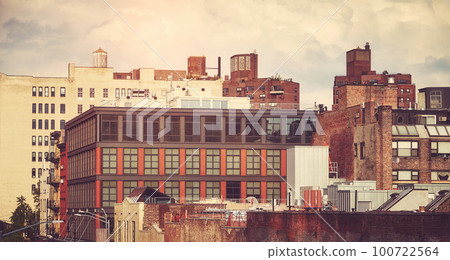New York cityscape at sunset, color toning applied, USA. 100722564