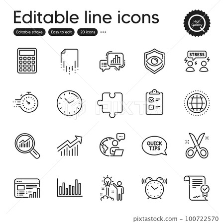 Set of Education outline icons. Contains icons as Calculator, Timer and Time elements. Graph chart, Alarm clock, Puzzle web signs. Globe, Eye detect, Web report elements. Vector 100722570